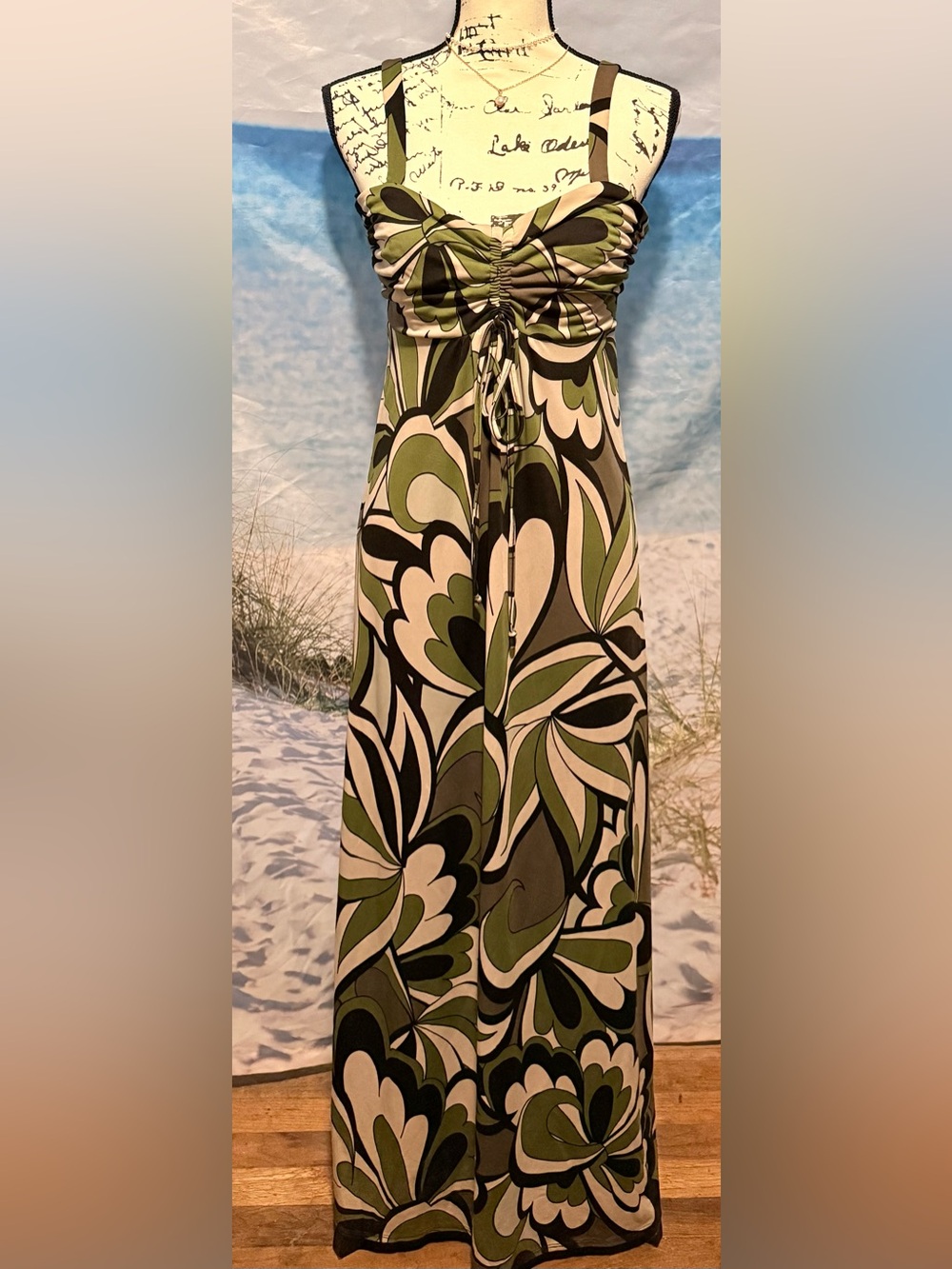 jonathan martin Olive Green Black White Printed Maxi Dress Y2K 70s Bold Floral